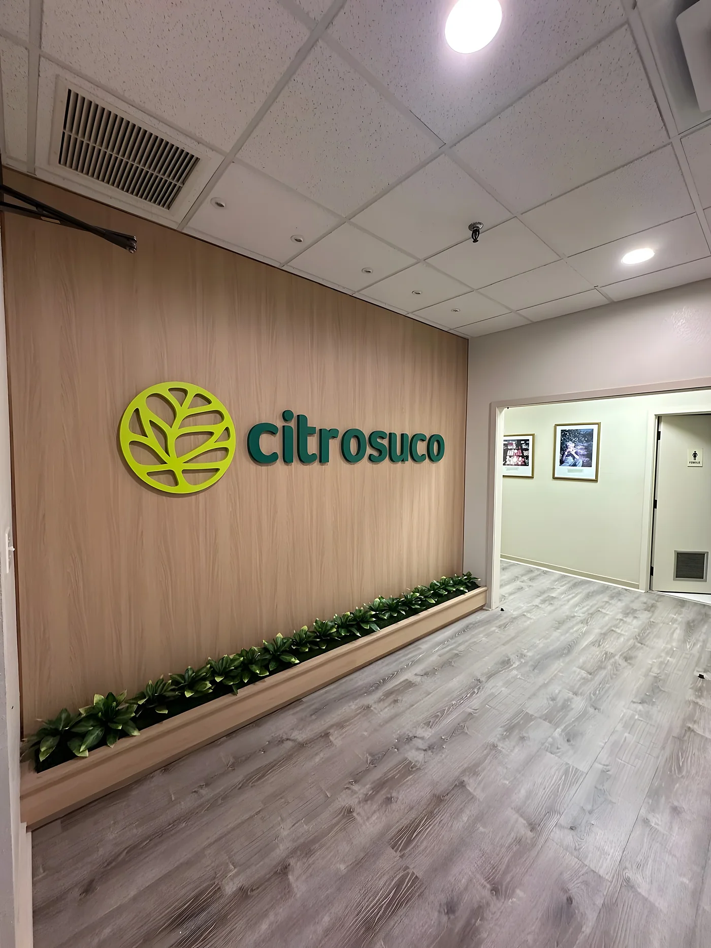 Commercial office lobby with new gray wood-look flooring